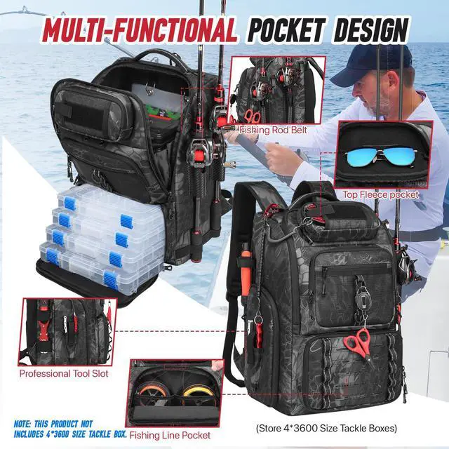 Alt view image 2 of 6 - Fishing Tackle Backpack,Tackle Bag with 2 Rod Holders,Water-Resistant Large Storage Fishing Gear and Equipment (B-Black Camo)
