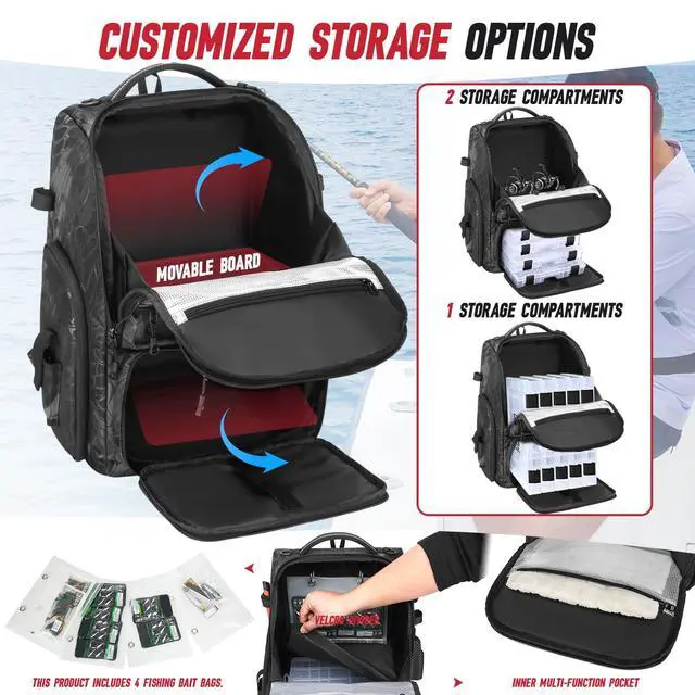 Alt view image 3 of 6 - Fishing Tackle Backpack,Tackle Bag with 2 Rod Holders,Water-Resistant Large Storage Fishing Gear and Equipment (B-Black Camo)