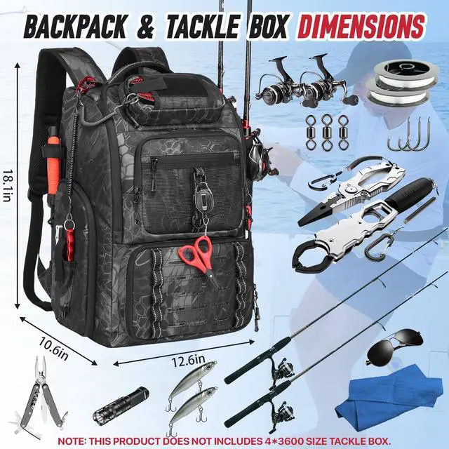 Alt view image 4 of 6 - Fishing Tackle Backpack,Tackle Bag with 2 Rod Holders,Water-Resistant Large Storage Fishing Gear and Equipment (B-Black Camo)