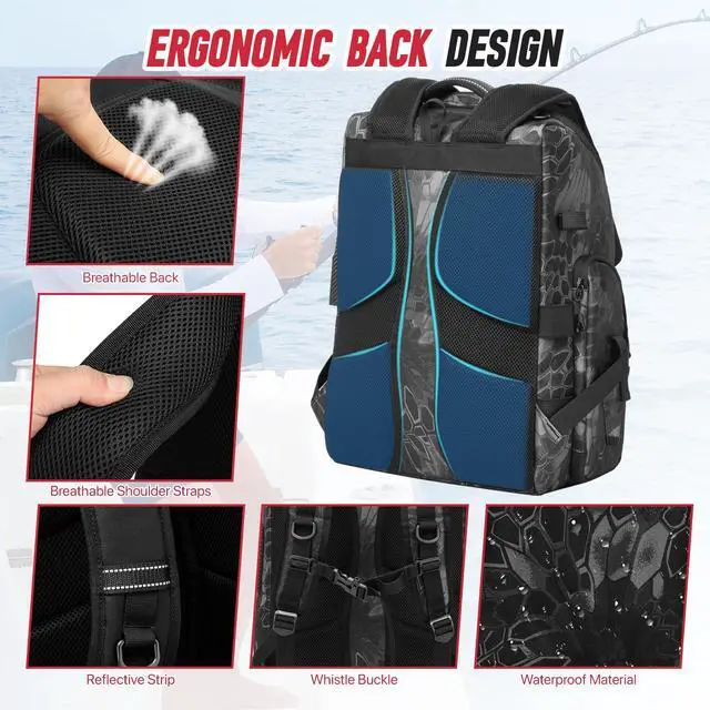 Alt view image 5 of 6 - Fishing Tackle Backpack,Tackle Bag with 2 Rod Holders,Water-Resistant Large Storage Fishing Gear and Equipment (B-Black Camo)