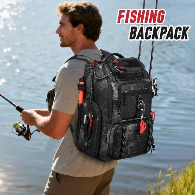Alt view image 6 of 6 - Fishing Tackle Backpack,Tackle Bag with 2 Rod Holders,Water-Resistant Large Storage Fishing Gear and Equipment (B-Black Camo)