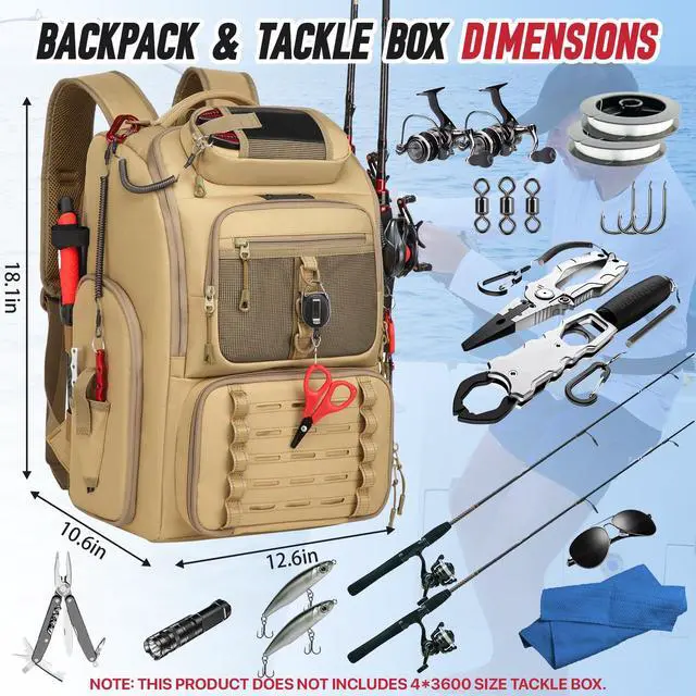 Alt view image 4 of 6 - Fishing Tackle Backpack,Tackle Bag with 2 Rod Holders,Water-Resistant Large Storage Fishing Gear and Equipment (B-Khaki)
