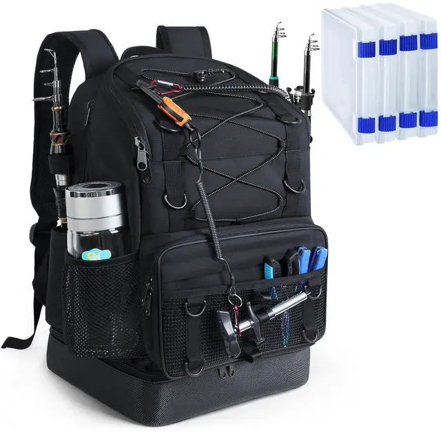 Main image of Fishing Backpack with 4 Tackle Boxes, Heavy Duty Fishing Bag with Waterproof Bottom, Tackle Backpack Gifts for Man Woman-Pure Black