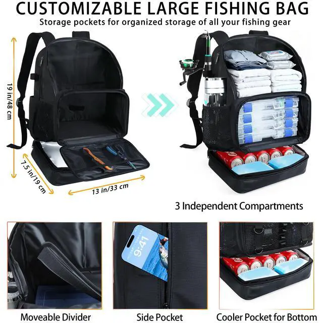 Alt view image 2 of 7 - Fishing Backpack with 4 Tackle Boxes, Heavy Duty Fishing Bag with Waterproof Bottom, Tackle Backpack Gifts for Man Woman-Pure Black