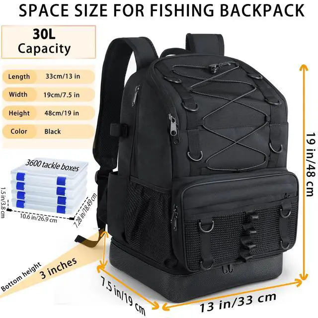 Alt view image 4 of 7 - Fishing Backpack with 4 Tackle Boxes, Heavy Duty Fishing Bag with Waterproof Bottom, Tackle Backpack Gifts for Man Woman-Pure Black