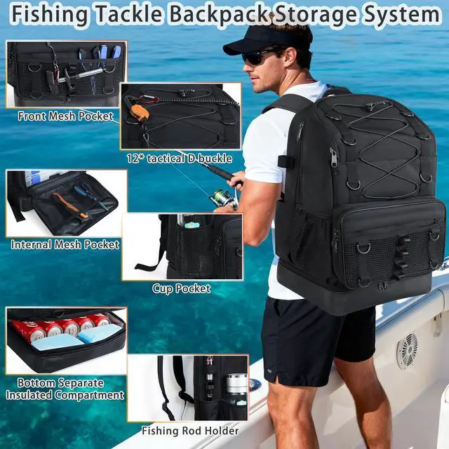 Alt view image 5 of 7 - Fishing Backpack with 4 Tackle Boxes, Heavy Duty Fishing Bag with Waterproof Bottom, Tackle Backpack Gifts for Man Woman-Pure Black
