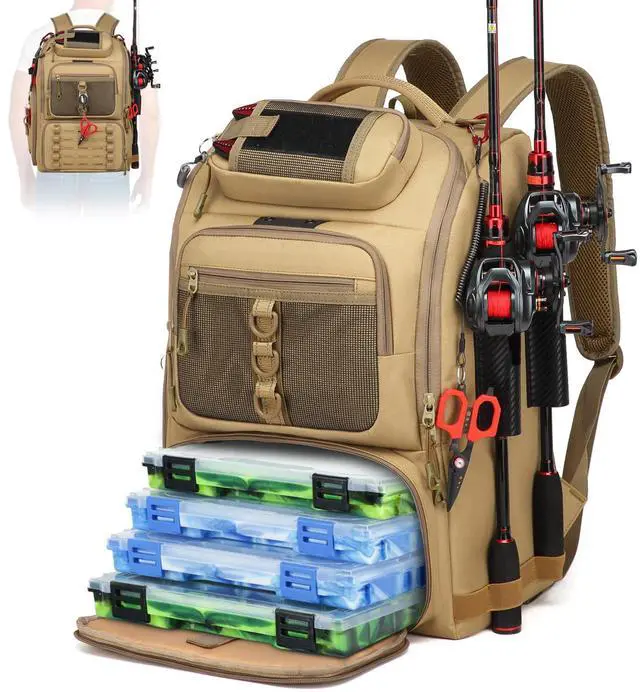 Main image of Fishing Tackle Backpack,Tackle Bag with 2 Rod Holders,Water-Resistant Large Storage Fishing Gear and Equipment (B-Khaki)
