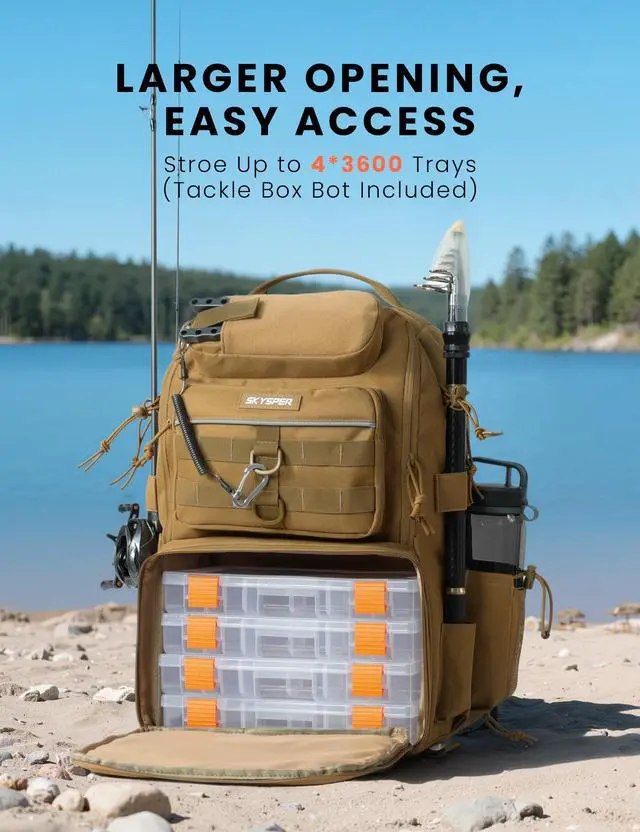Alt view image 2 of 7 - Tackle Backpack Fishing Bags with Rod Holder, 40L Water-Resistant Tackle Box Storage Bag for Fishing Gear Lures(Khaki)