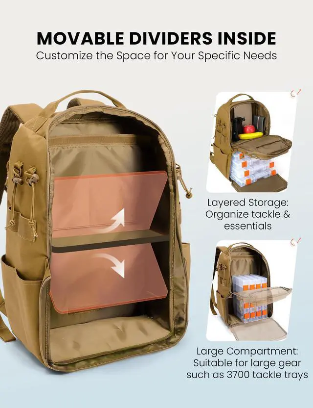 Alt view image 4 of 7 - Tackle Backpack Fishing Bags with Rod Holder, 40L Water-Resistant Tackle Box Storage Bag for Fishing Gear Lures(Khaki)