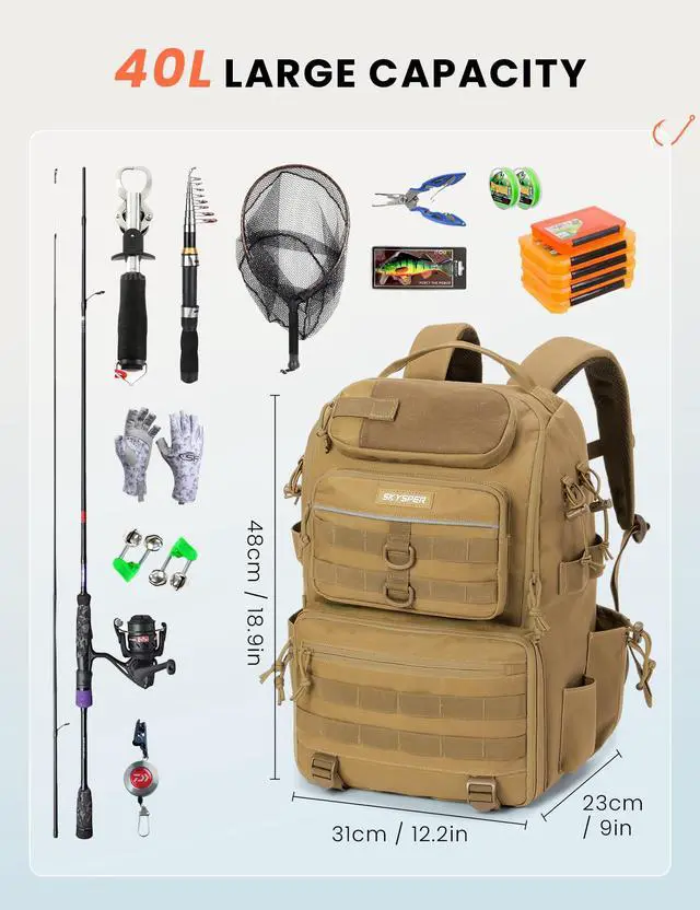Alt view image 6 of 7 - Tackle Backpack Fishing Bags with Rod Holder, 40L Water-Resistant Tackle Box Storage Bag for Fishing Gear Lures(Khaki)
