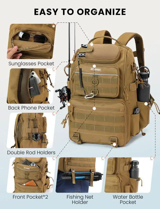 Alt view image 3 of 7 - Tackle Backpack Fishing Bags with Rod Holder, 40L Water-Resistant Tackle Box Storage Bag for Fishing Gear Lures(Khaki)