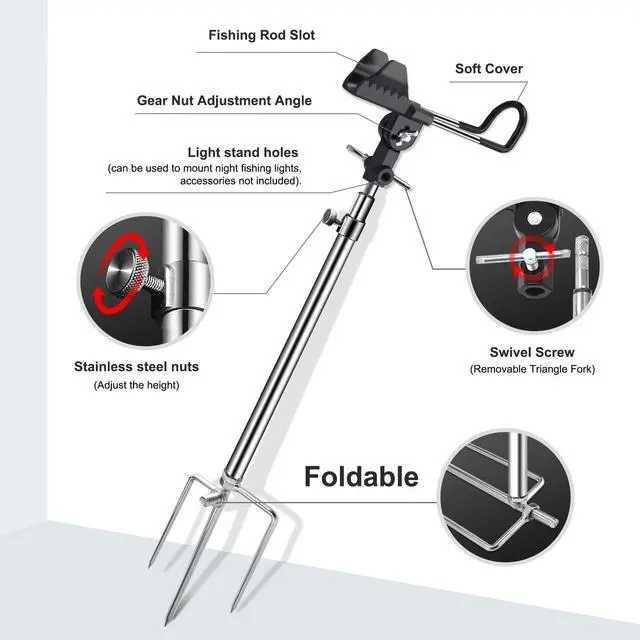 Alt view image 4 of 7 - 2/4 Pack Fishing Rod Holders, 360 Degree Adjustable Fishing Rod Holders for Bank Fising, Height Adjustable 25-36.6 Inch Multifunctional Stainless Steel Beach Fishing Rod Holder Fishing Gifts for Men
