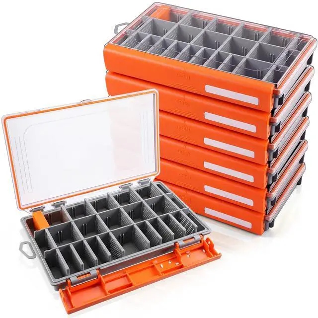 Main image of 6 Pack 3600 Fishing Tackle Boxes Waterproof, High-vis Orange Lure Organizer Trays with Removable Dividers, Airtight Bait Storage Case for Bass Fishing Backpacks & Kayak Gear Accessories