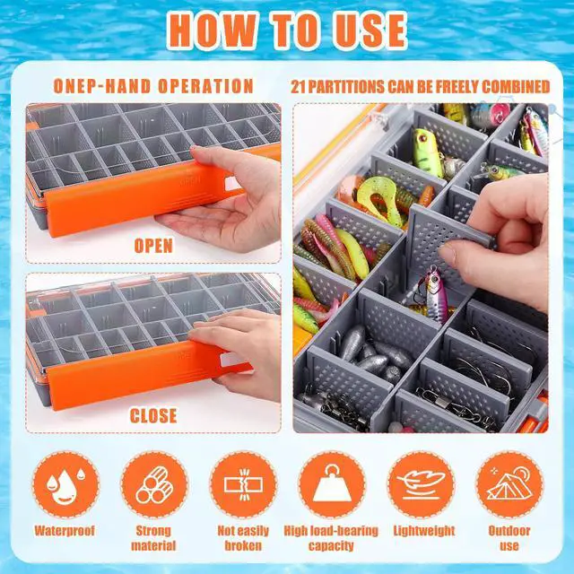 Alt view image 4 of 6 - 6 Pack 3600 Fishing Tackle Boxes Waterproof, High-vis Orange Lure Organizer Trays with Removable Dividers, Airtight Bait Storage Case for Bass Fishing Backpacks & Kayak Gear Accessories