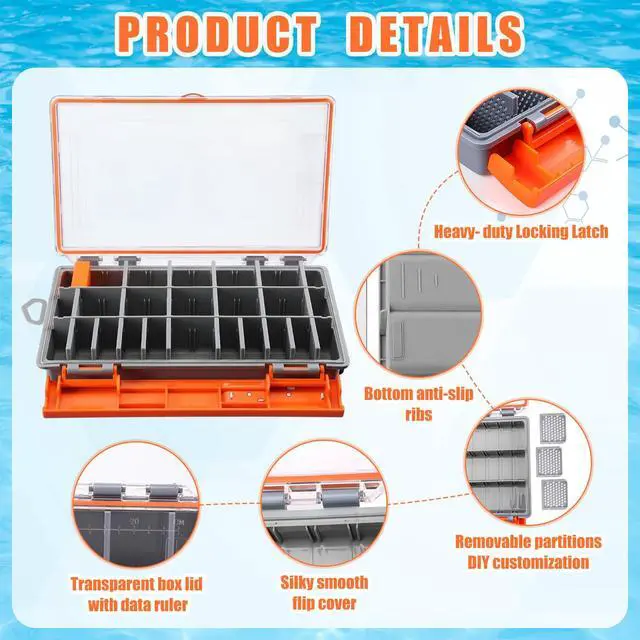 Alt view image 3 of 6 - 6 Pack 3600 Fishing Tackle Boxes Waterproof, High-vis Orange Lure Organizer Trays with Removable Dividers, Airtight Bait Storage Case for Bass Fishing Backpacks & Kayak Gear Accessories