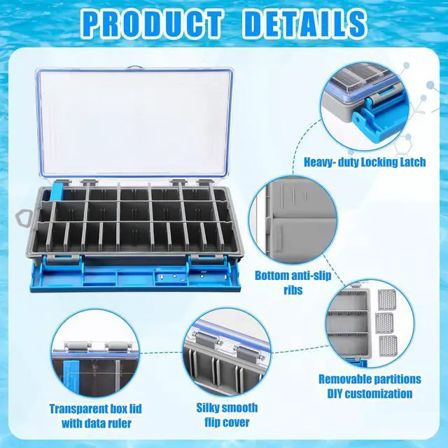 Alt view image 3 of 6 - 6 Pack 3600 Fishing Tackle Boxes Waterproof, High-vis Blue Lure Organizer Trays with Removable Dividers, Airtight Bait Storage Case for Bass Fishing Backpacks & Kayak Gear Accessories