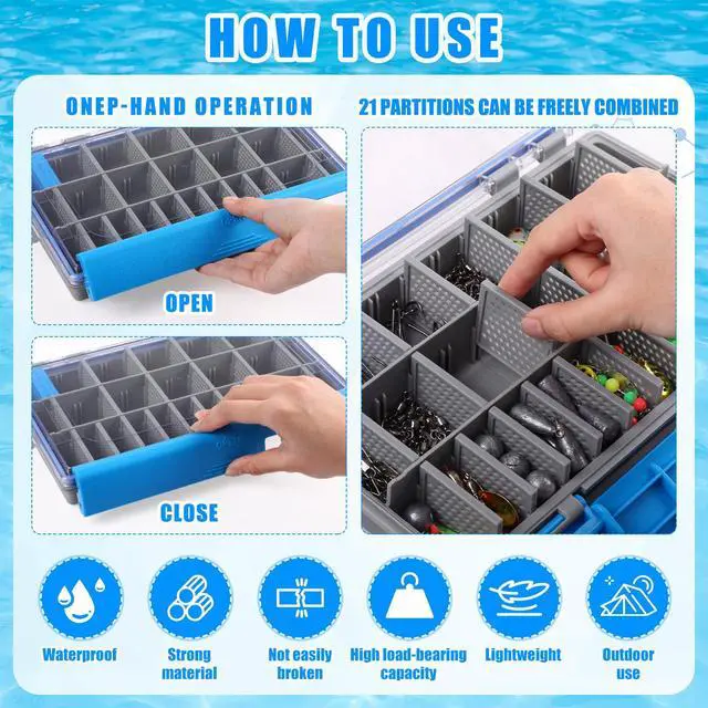Alt view image 4 of 6 - 6 Pack 3600 Fishing Tackle Boxes Waterproof, High-vis Blue Lure Organizer Trays with Removable Dividers, Airtight Bait Storage Case for Bass Fishing Backpacks & Kayak Gear Accessories