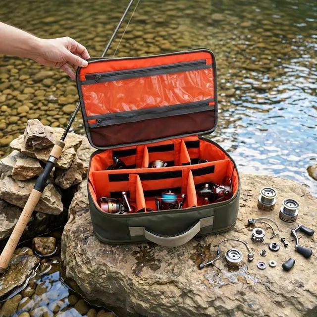 Alt view image 2 of 7 - Fishing Reel Case Travel Storage Bag with Adjustable Compartments for Fly Reels, Spinning Reels, Baitcasting Reel & Fishing Gear