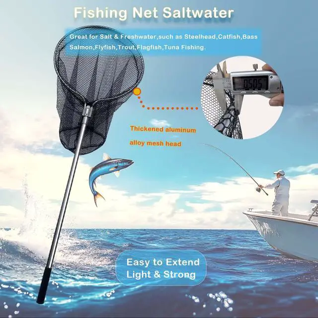 Alt view image 2 of 6 - Heavy Duty Fishing Landing Net, Extendable Aluminum Telescoping Pole (70-102 in) 37in Deep Net for Saltwater Fishing