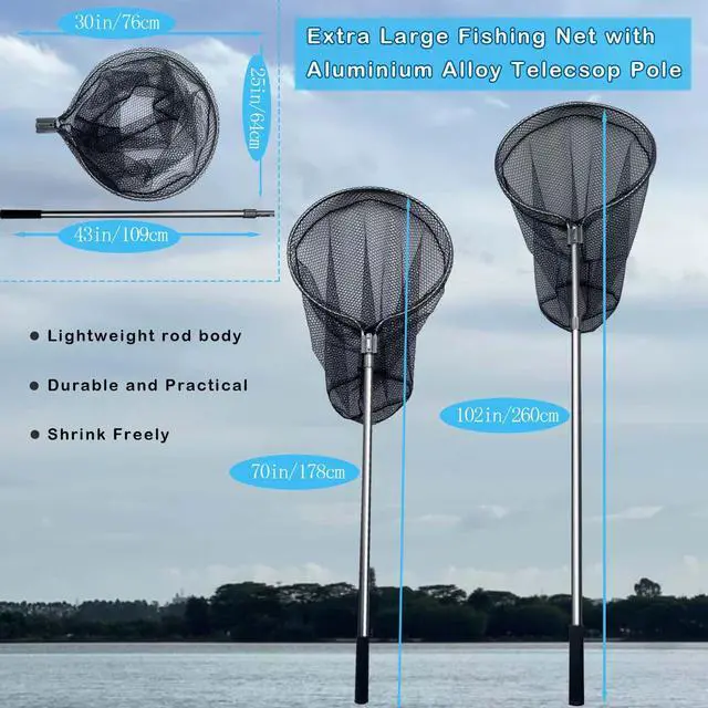 Alt view image 3 of 6 - Heavy Duty Fishing Landing Net, Extendable Aluminum Telescoping Pole (70-102 in) 37in Deep Net for Saltwater Fishing