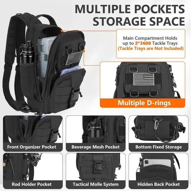 Alt view image 3 of 7 - Fishing Backpack with Tackle Boxes, Fishing Sling Tackle Backpack Bag for Fish Gear With Rod Holder, Fish Kits Gifts for Men Women with Lures, Pliers, Lip Gripper, Black Kit