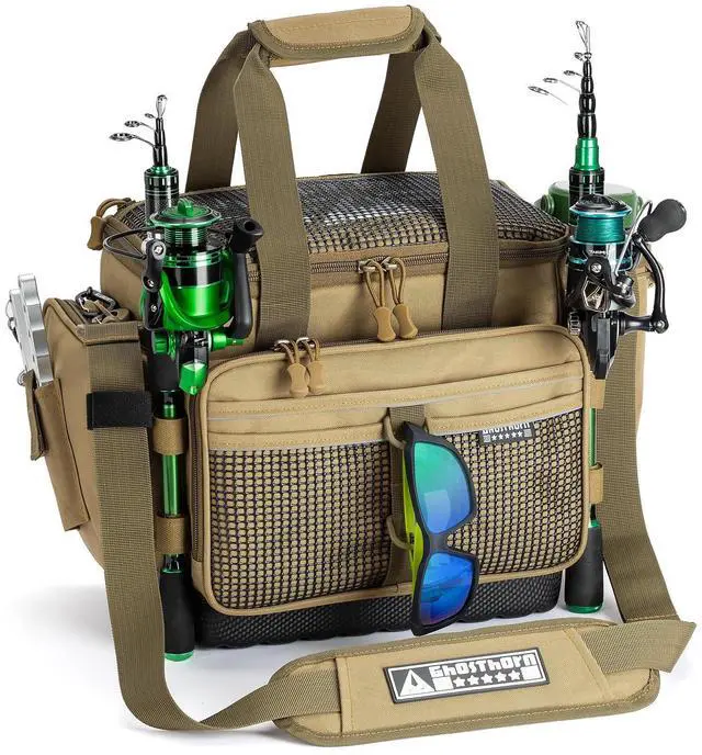 Main image of Fishing Tackle Bag with Rod Holder Saltwater & Freshwater Resistant Tackle Box Bag - Waterproof Base, Adjustable Padded Shoulder Strap (Khaki)