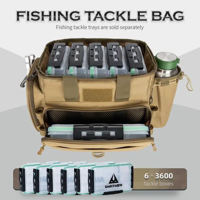 Alt view image 3 of 7 - Fishing Tackle Bag with Rod Holder Saltwater & Freshwater Resistant Tackle Box Bag - Waterproof Base, Adjustable Padded Shoulder Strap (Khaki)
