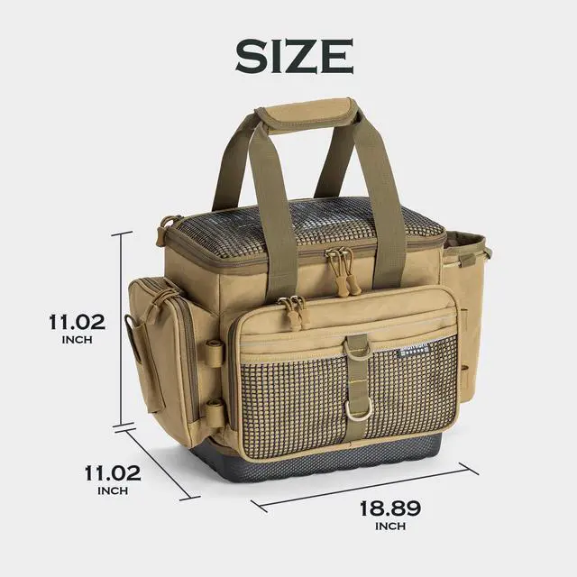 Alt view image 7 of 7 - Fishing Tackle Bag with Rod Holder Saltwater & Freshwater Resistant Tackle Box Bag - Waterproof Base, Adjustable Padded Shoulder Strap (Khaki)