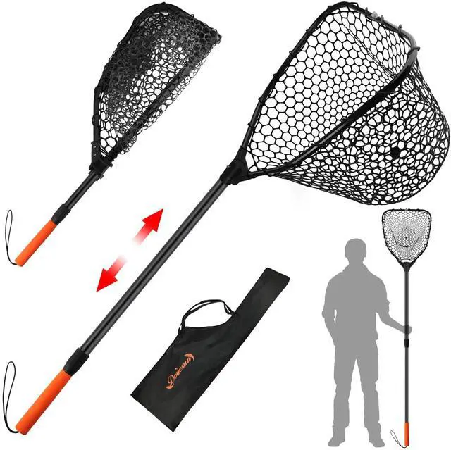 Main image of Rubber Fishing Landing Nets Telescopic Handle Nets Folding Nets with Collapsible Handle for Catch & Release Fishing Gift 17.6" dia-13.7" Depth Black/Orange