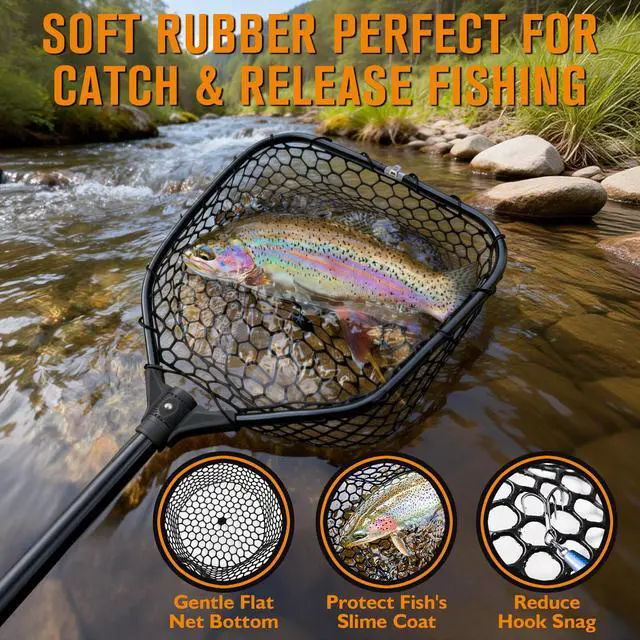 Alt view image 3 of 7 - Rubber Fishing Landing Nets Telescopic Handle Nets Folding Nets with Collapsible Handle for Catch & Release Fishing Gift 17.6" dia-13.7" Depth Black/Orange
