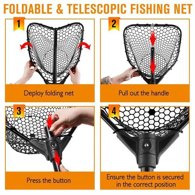 Alt view image 4 of 7 - Rubber Fishing Landing Nets Telescopic Handle Nets Folding Nets with Collapsible Handle for Catch & Release Fishing Gift 17.6" dia-13.7" Depth Black/Orange