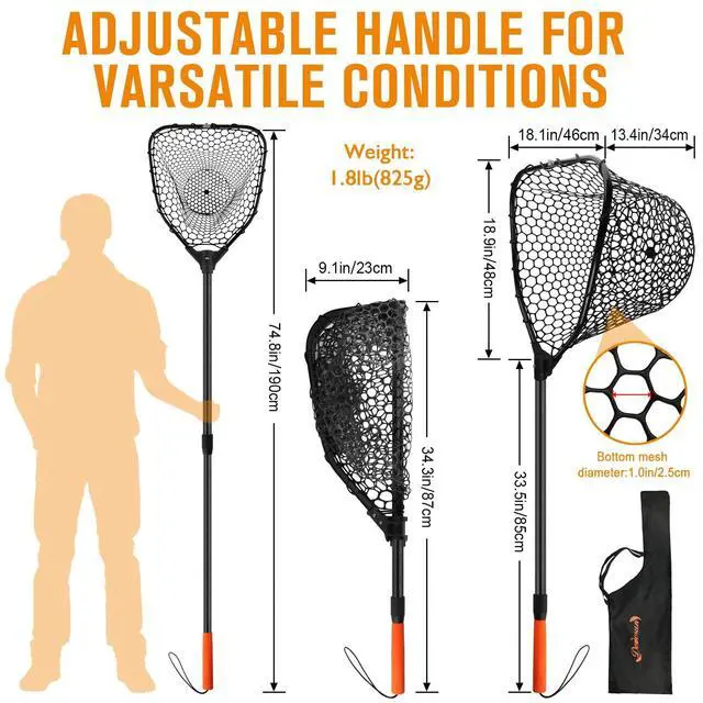 Alt view image 5 of 7 - Rubber Fishing Landing Nets Telescopic Handle Nets Folding Nets with Collapsible Handle for Catch & Release Fishing Gift 17.6" dia-13.7" Depth Black/Orange