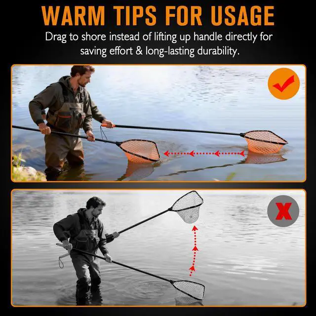 Alt view image 7 of 7 - Rubber Fishing Landing Nets Telescopic Handle Nets Folding Nets with Collapsible Handle for Catch & Release Fishing Gift 17.6" dia-13.7" Depth Black/Orange