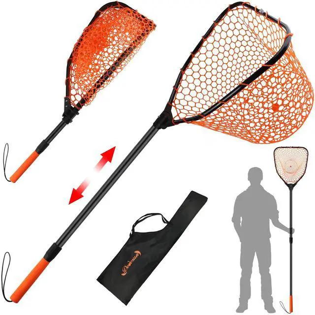 Main image of Rubber Fishing Landing Nets Telescopic Handle Nets Folding Nets with Collapsible Handle for Catch & Release Fishing Gift 17.6" dia-13.7" Depth Black/Orange