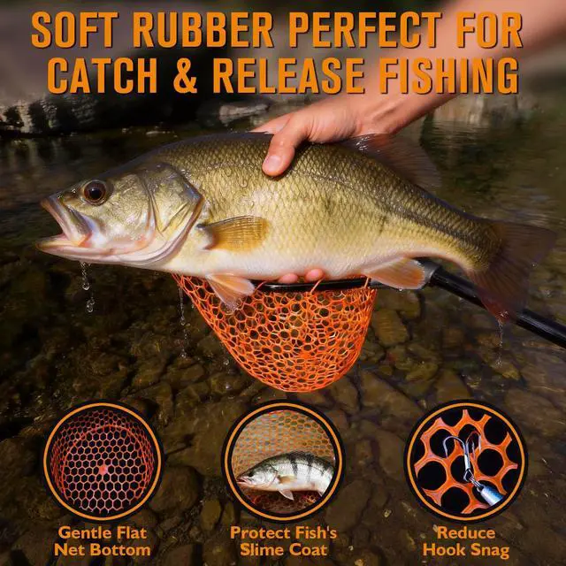 Alt view image 3 of 7 - Rubber Fishing Landing Nets Telescopic Handle Nets Folding Nets with Collapsible Handle for Catch & Release Fishing Gift 17.6" dia-13.7" Depth Black/Orange