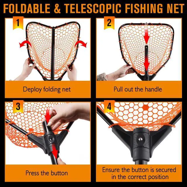 Alt view image 4 of 7 - Rubber Fishing Landing Nets Telescopic Handle Nets Folding Nets with Collapsible Handle for Catch & Release Fishing Gift 17.6" dia-13.7" Depth Black/Orange