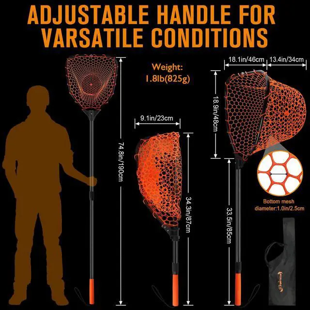 Alt view image 5 of 7 - Rubber Fishing Landing Nets Telescopic Handle Nets Folding Nets with Collapsible Handle for Catch & Release Fishing Gift 17.6" dia-13.7" Depth Black/Orange