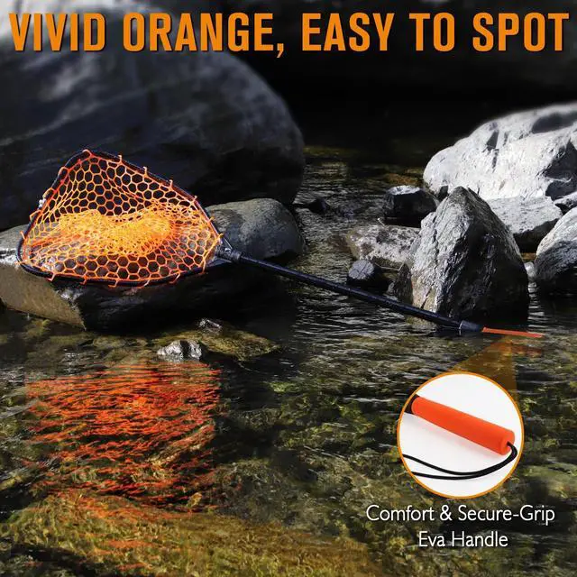 Alt view image 6 of 7 - Rubber Fishing Landing Nets Telescopic Handle Nets Folding Nets with Collapsible Handle for Catch & Release Fishing Gift 17.6" dia-13.7" Depth Black/Orange