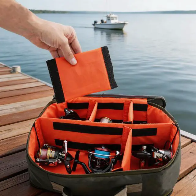 Alt view image 4 of 7 - Fishing Reel Case Travel Storage Bag with Adjustable Compartments for Fly Reels, Spinning Reels, Baitcasting Reel & Fishing Gear