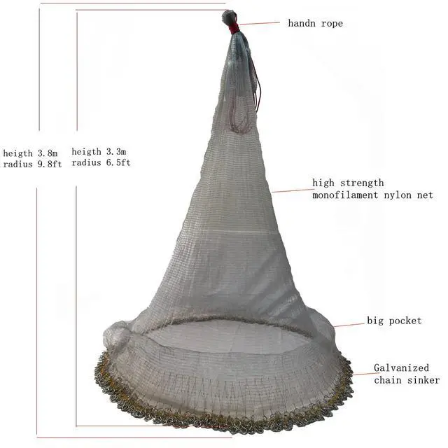 Alt view image 6 of 7 - Korea Saltwater Fishing Cast Net for Bait Trap Fish 6ft/10ft Radius Casting Nets with Heavy Chain Zinc Sinker Weights, 3/8inch Mesh Size