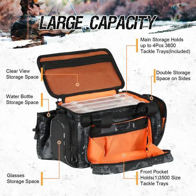 Alt view image 2 of 7 - Fishing Bag - Waterproof Storage with 4 3600 Tackle Box, Saltwater & Freshwater Shoulder Bag for Camping, Hunting, Hiking, Travel