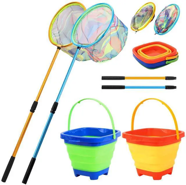 Main image of Kids Fishing Net, 2 Pack Telescopic Landing Nets with Aluminum Pole Handle, Collapsible Bucket Sand Pail, Butterfly Net, Fishing Net for Youth, Outdoor Playing
