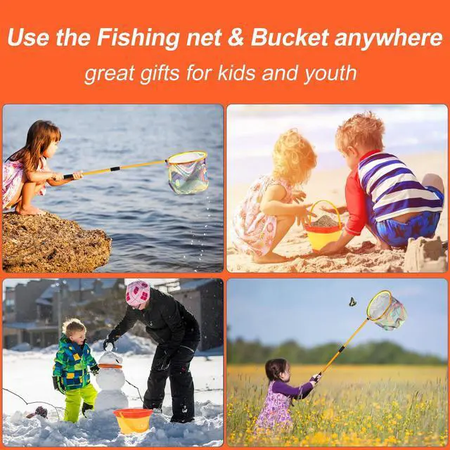 Alt view image 7 of 7 - Kids Fishing Net, 2 Pack Telescopic Landing Nets with Aluminum Pole Handle, Collapsible Bucket Sand Pail, Butterfly Net, Fishing Net for Youth, Outdoor Playing
