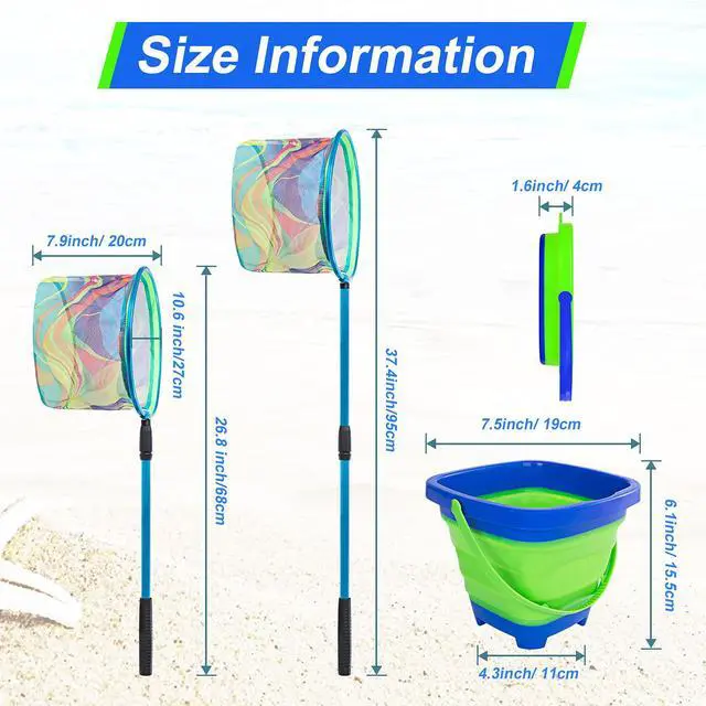 Alt view image 5 of 6 - Kids Fishing Net, 2 Pack Telescopic Landing Nets with Aluminum Pole Handle, Collapsible Bucket Sand Pail, Butterfly Net, Fishing Net for Youth, Outdoor Playing
