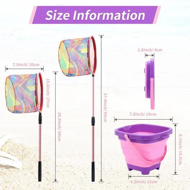 Alt view image 5 of 7 - Kids Fishing Net, 2 Pack Telescopic Landing Nets with Aluminum Pole Handle, Collapsible Bucket Sand Pail, Butterfly Net, Fishing Net for Youth, Outdoor Playing