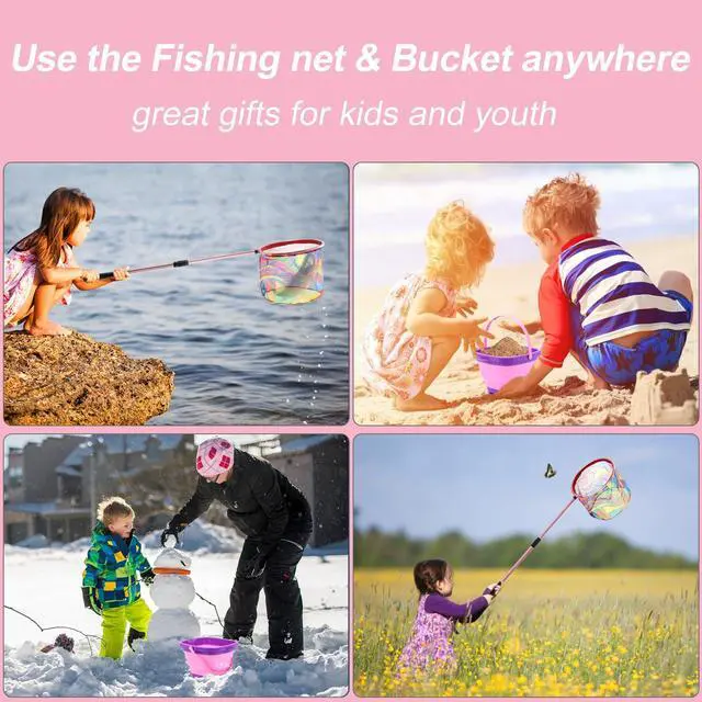 Alt view image 7 of 7 - Kids Fishing Net, 2 Pack Telescopic Landing Nets with Aluminum Pole Handle, Collapsible Bucket Sand Pail, Butterfly Net, Fishing Net for Youth, Outdoor Playing