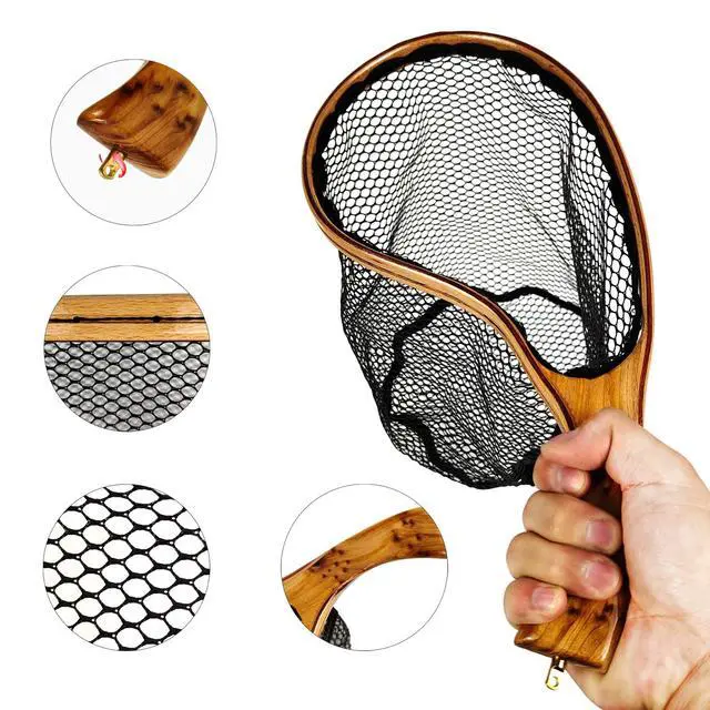 Alt view image 2 of 5 - Aventik Fly Fishing Landing Net for Trout Soft Rubber Ghost Mesh Catch and Release Wooden Frame Lightweight and Tangle-Free
