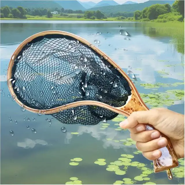 Alt view image 5 of 5 - Aventik Fly Fishing Landing Net for Trout Soft Rubber Ghost Mesh Catch and Release Wooden Frame Lightweight and Tangle-Free