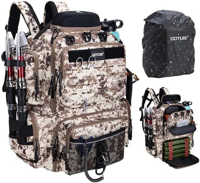 Main image of Fishing Backpack, 900D Water-Resistant Tackle Backpack with Rod Holders, Hard Sunglasses Case, 45L Large Storage Gear Tackle Bag with Rain Cover, Bottle Holder for Travel Camping Hiking