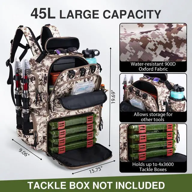Alt view image 2 of 6 - Fishing Backpack, 900D Water-Resistant Tackle Backpack with Rod Holders, Hard Sunglasses Case, 45L Large Storage Gear Tackle Bag with Rain Cover, Bottle Holder for Travel Camping Hiking